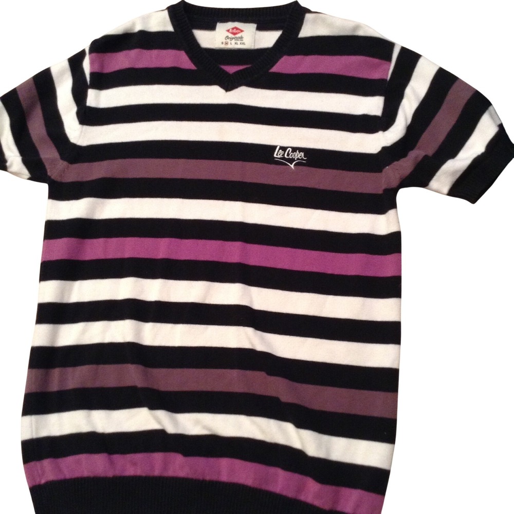 Lee Cooper Originals Women Striped V-Neck Short Sleeve Knit Sweater Purple Black